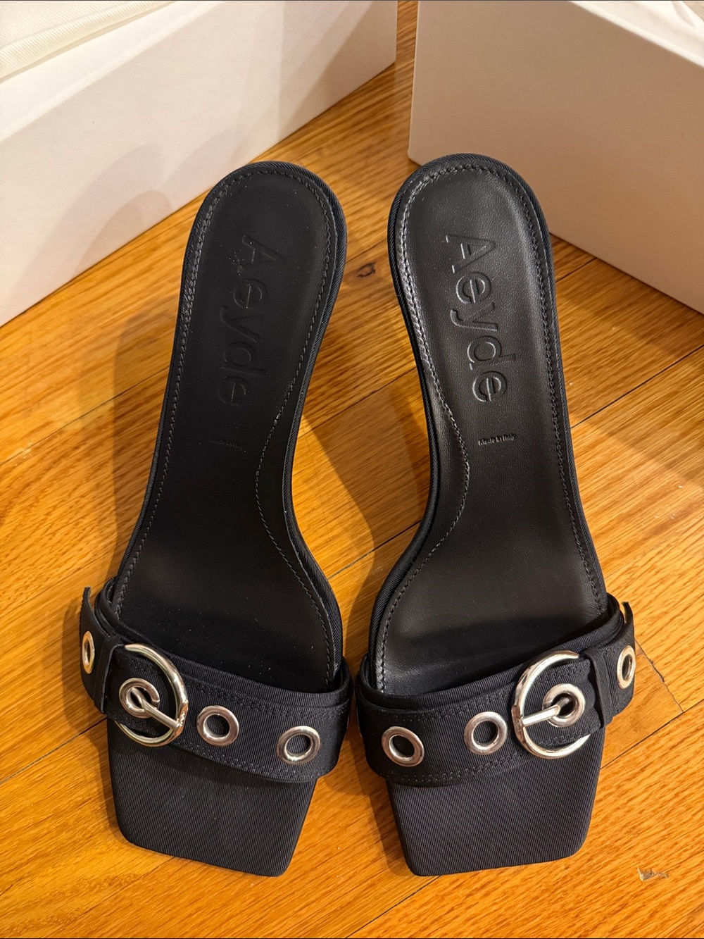 Aeyde Black Grommet Buckle Slide Mules